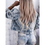 Women's Studded Denim Jacket Long Sleeve Turndown Collar Light Blue Jacket