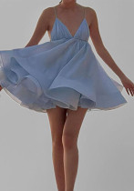 Spring Women's Sexy Strap V-Neck Low Back Pleated Puffy Dress