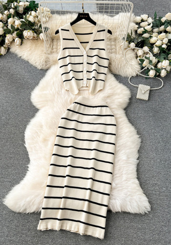 Women French Striped Vest Skirt Two-Piece Set