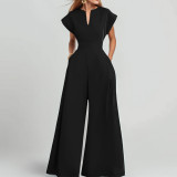 Women's Chic V-Neck Short Sleeve High-Waist Wide-Leg Jumpsuit