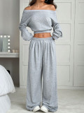 Women Slash Shoulder Casual Crop and Pant Solid Two-Piece Set