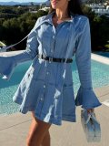 Women's Slim Fit Bow Tie Waist Long Sleeve Denim A-Line Dress