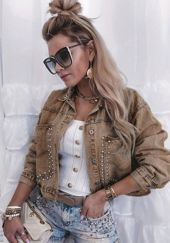 Women's Studded Denim Jacket Long Sleeve Turndown Collar Khaki Jacket