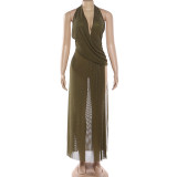 Spring Women's Fashion Deep V-Neck Halter Split Low Back Sexy Chic Dress