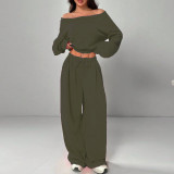 Women Slash Shoulder Casual Crop and Pant Solid Two-Piece Set