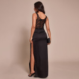 Spring Women's Solid Color Sexy Slim Fit Sleeveless Slit Lace Patchwork Evening Dress