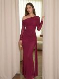 Women's One-Shoulder Mesh Long Sleeve Solid Color Slim Fit Formal Party Evening Gown