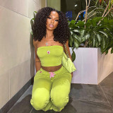 Women Summer Solid Sleeveless Strapless Embroidered Top and Bell Bottom Pant Two-Piece Set