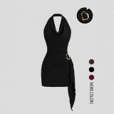 Women Elegant Solid V-Neck Halter Neck Backless Dress