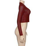 Women Summer Sexy Solid Round Neck Mesh See-Through Long-sleeved Top