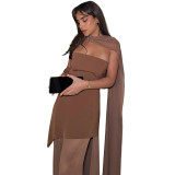 Women Sexy Backless Mesh Patchwork Strapless Scarf Collar Dress Two-Piece Set