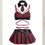 Women Scottish School Uniform Sexy Bondage Plaid Lingerie Two-Piece Set