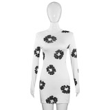 Women Spring Round Neck Long-Sleeved Floral Print Mini Dress
