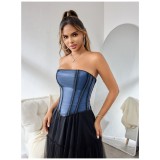 Women Blue Trimmed Strapless corset