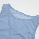 Women Summer Solid Sleeveless Mesh Patchwork Top and Skirt Two-Piece Set