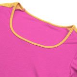 Women Summer Solid Patchwork Short-Sleeved Top and Pants Two-Piece Set