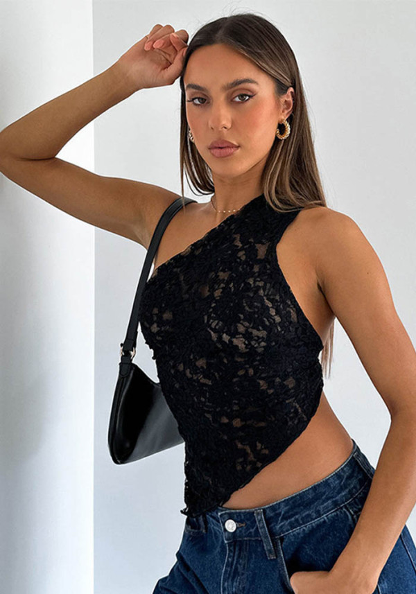 Women Summer Solid Asymmetrical Slash Shoulder Sleeveless Lace Top