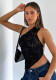 Women Summer Solid Asymmetrical Slash Shoulder Sleeveless Lace Top