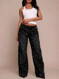 Women Beaded Washed Denim Trousers