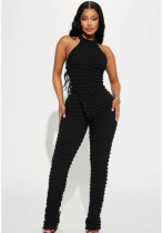 Women Summer Solid Sleeveless Halter Neck Top and Pants Two-piece Set