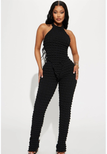 Women Summer Solid Sleeveless Halter Neck Top and Pants Two-piece Set