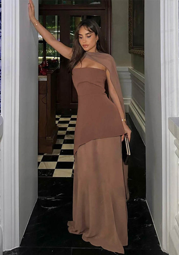 Women Sexy Backless Mesh Patchwork Strapless Scarf Collar Dress Two-Piece Set