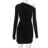 Women Autumn Solid Slash Shoulder Sexy One-Shoulder Ruffled Bodycon Dress