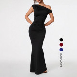 Women Elegant Solid Slash Shoulder Maxi Dress