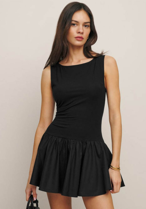 Women Summer Solid Round Neck Sleeveless Patchwork Mini Dress