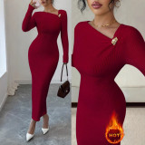 Women Elegant Solid Asymmetrical Neck Long-Sleeve Dress