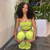 Women Summer Solid Sleeveless Strapless Embroidered Top and Bell Bottom Pant Two-Piece Set