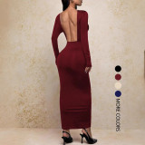Women Elegant Solid Backless Long-Sleeve Dress