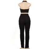 Women Summer Solid Sleeveless Halter Neck Top and Pants Two-piece Set
