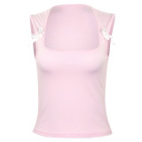 Women Summer Solid Square Neck Sleeveless Bow Cropped Top