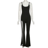 Women Sexy Backless Solid Bell Bottom Jumpsuit