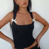 Women Summer Solid Square Neck Sleeveless Bow Cropped Top