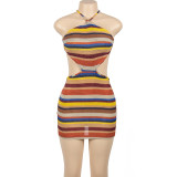 Women Summer Striped Halter Neck Lace-up Sexy Bodycon Dress