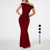 Women Elegant Solid Slash Shoulder Maxi Dress