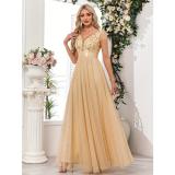 Women Sleeveless V-Neck Tulle Embroidered Evening Dress