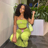 Women Summer Solid Sleeveless Strapless Embroidered Top and Bell Bottom Pant Two-Piece Set