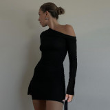 Women Autumn Solid Slash Shoulder Sexy One-Shoulder Ruffled Bodycon Dress