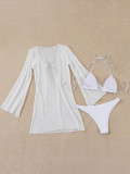 Women Sexy Beach Casual Solid Halter Neck Lace-Up Swimsuit Three-Piece