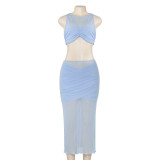 Women Summer Solid Sleeveless Mesh Patchwork Top and Skirt Two-Piece Set