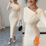Women Elegant Solid Asymmetrical Neck Long-Sleeve Dress