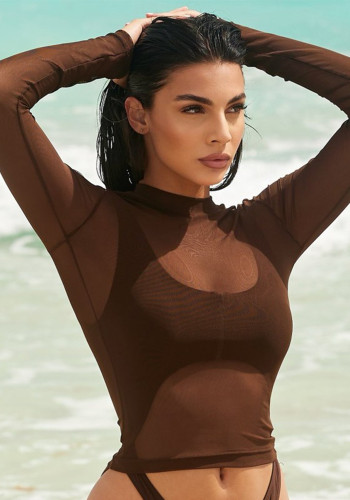 Women Summer Sexy Solid Round Neck Mesh See-Through Long-sleeved Top