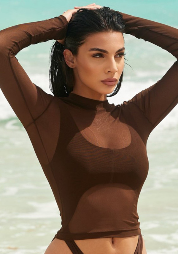 Women Summer Sexy Solid Round Neck Mesh See-Through Long-sleeved Top