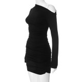 Women Autumn Solid Slash Shoulder Sexy One-Shoulder Ruffled Bodycon Dress