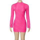Women Spring Solid Round Neck Long-sleeved Water Wave Sexy Bodycon Dress