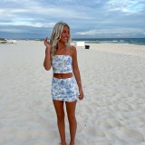 Women Summer Sleeveless Printed Strapless Top and Skirt Two-piece Set