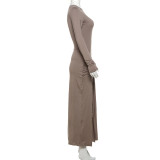 Women Summer Solid Round Neck Long-Sleeved Irregular Tie-Up Slit Pleated Dress